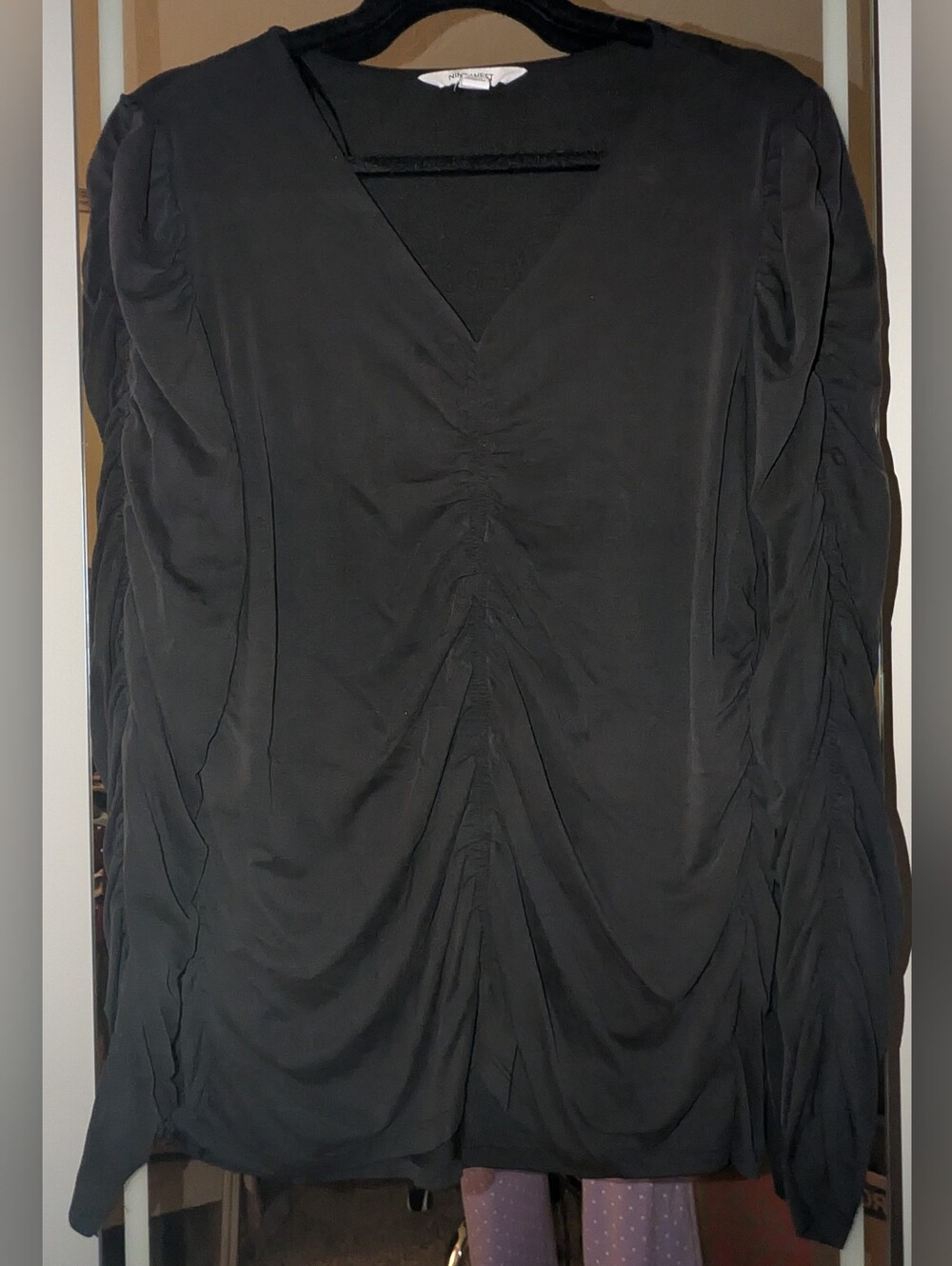 Nine West Black Long-Sleeve V-Neck Ruched Dress